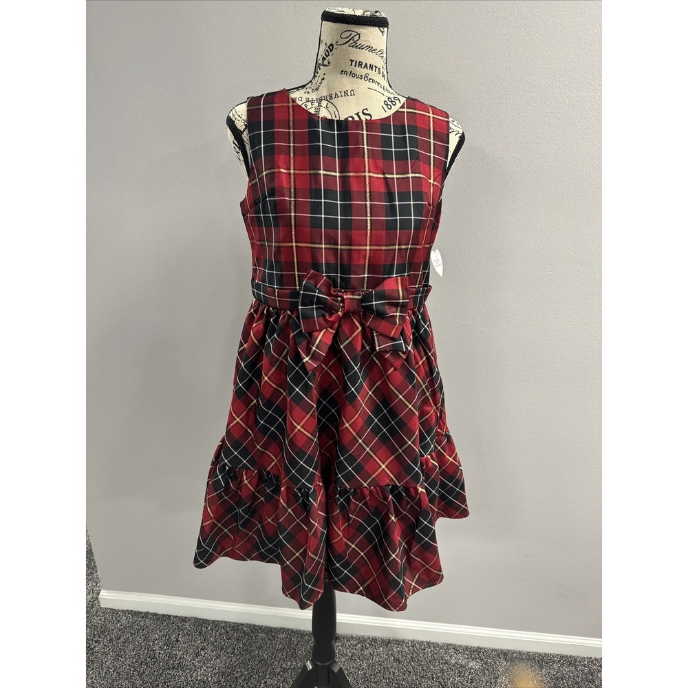 Girls' Red Plaid Bow Waist Holiday Dress